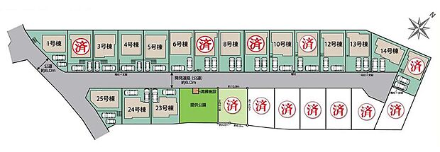 【全体区画図】全25棟の大型分譲地！
駐車2台可能（車種による）！急な来客時や、ご家族の自転車スペースとしても大活躍♪