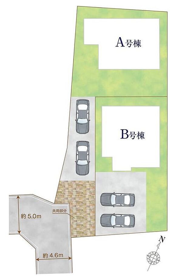 【全体区画図】駐車2台可能(車種による)!急な来客時や、ご家族の自転車スペースとしても大活躍♪