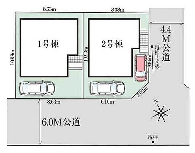 【全体区画図】駐車1~2台可能(号棟・車種による)!急な来客時や、ご家族の自転車スペースとしても大活躍♪
前面道路が広いので、駐車もラクラクですね!