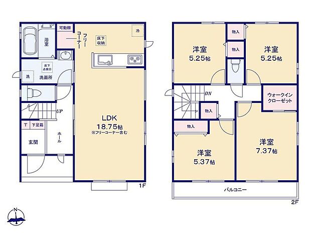 【4LDK】家事のしやすい水廻り集中設計、キッチン横に便利なフリーコーナー付!