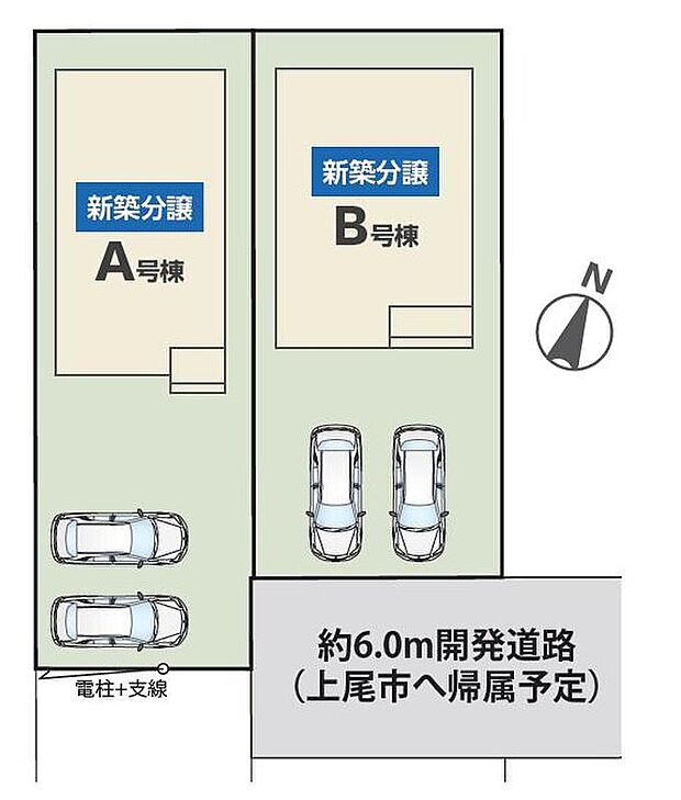 前道が6mあるので、車庫入れが苦手な方でも安心して入れられます。2台を並列駐車できるゆとりあるカースペース。