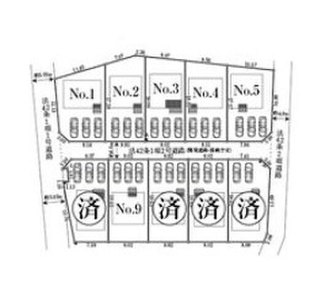 【全体区画図】閑静な住宅地☆カースペースは2～3台分ご用意。
空いたスペースは駐輪場としてもお使いいただけます◎