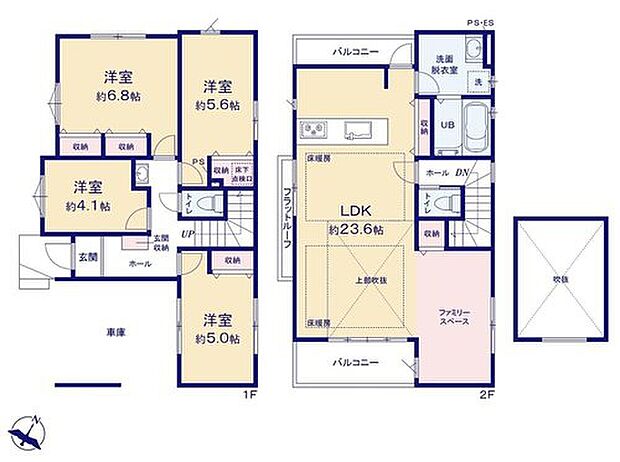 【4LDK】●家族とのつながりを意識した見通しのいい23帖超のリビングは会話が弾んでみんなを笑顔にします！
●効率的でストレスのない家事動線。水回りが集中しており、移動がスムーズです♪