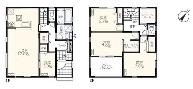 【4LDK】●隣り合う洋室を開放すれば、ひときわ広々とした空間になるリビングダイニング
●増えがちな衣類やバッグなどを効率よく収納できるウォークインクローゼット!
●2階ホールには何かと便利なストレージルーム付