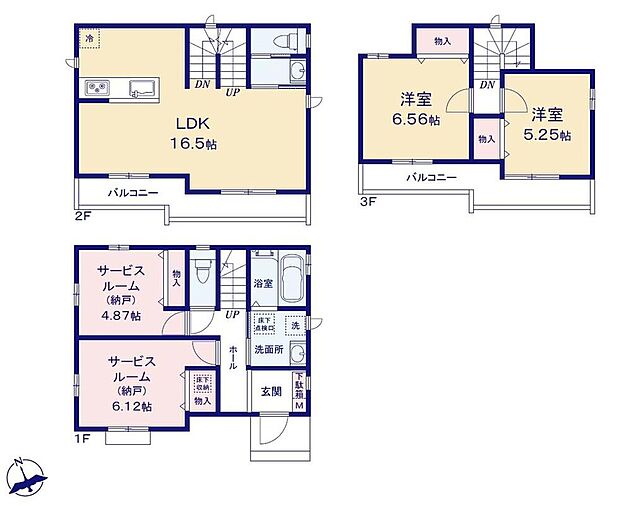 【2LDK+2S】●2階に家族が集まるLDK、バルコニーと一体化した開放感
●お部屋としても利用できそうな納戸が2部屋♪
●リビング階段ですので自然と家族の集まる憩いの空間になります