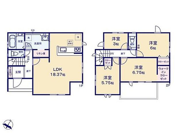 【4LDK】●家具を配置してもゆったりした広さの18帖超えのLDK♪
●リネン庫付きの広々した2WAY洗面室は、混み合う朝の身支度時や家事導線もスムーズ!
●ワイドバルコニーは一度にたくさんの洗濯物を干せて快適です♪