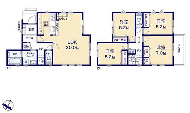 【4LDK】●家族とのつながりを意識した見通しのいい20帖超のリビングは会話が弾んでみんなを笑顔にします！
●1階は家族が集まる団欒スペース、2階はそれぞれ自分時間を過ごせるスペース♪