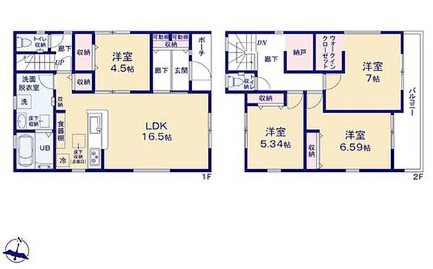 【4LDK】●リビングスルー階段ですので自然と家族の集まる憩いの空間になります
●水回り集中設計で家事動線スムーズ
●主寝室にはウォークインクローゼットを完備！増えがちな衣類やバッグなどを効率よく収納できます！
