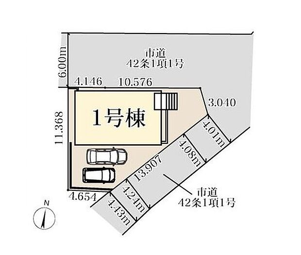 【全体区画図】開放感あふれる角地に立地！
駐車スペースは車種により２台分完備しております♪