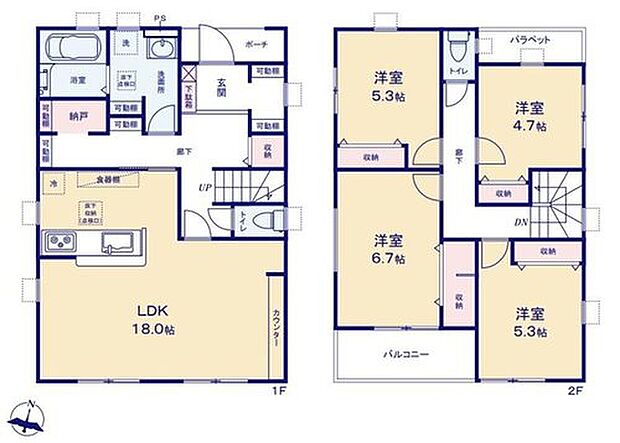 【4LDK】●豊富な収納設備で綺麗なお部屋を保てます♪
●ＬＤＫは広々18帖超え♪お子様のスタディスペースとしてもご利用可能なカウンター付き♪