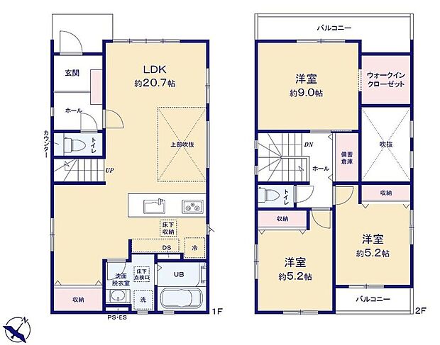 【3LDK】●家族とのつながりを意識した見通しのいいリビング
●吹き抜けを設けることによって開放感が生まれ、日光を取り入れることができます。
●WICを完備♪豊富な収納で綺麗なお部屋を保てます♪