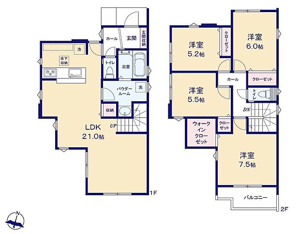 【4LDK】●家族とのつながりを意識した見通しのいい21帖超のリビング!●効率的でストレスのない家事動線。水回りが集中しており、移動がスムーズです♪●リビング階段ですので自然と家族の集まる憩いの空間