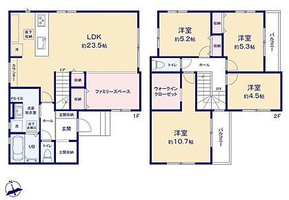 ●家族とのつながりを意識した見通しのいいリビングは会話が弾んでみんなを笑顔にします！
●多用途にご利用可能なファミリースペース付き♪
●WICやSICを完備♪豊富な収納で綺麗なお部屋を保てます♪ 