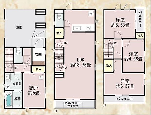 【3LDK+S】ビルトインガレージ付☆
玄関近くの洗面所で帰宅後すぐに手が洗えます☆
LDKは広々18.75帖、人気の対面式キッチン採用!
2・3階にバルコニー設置☆