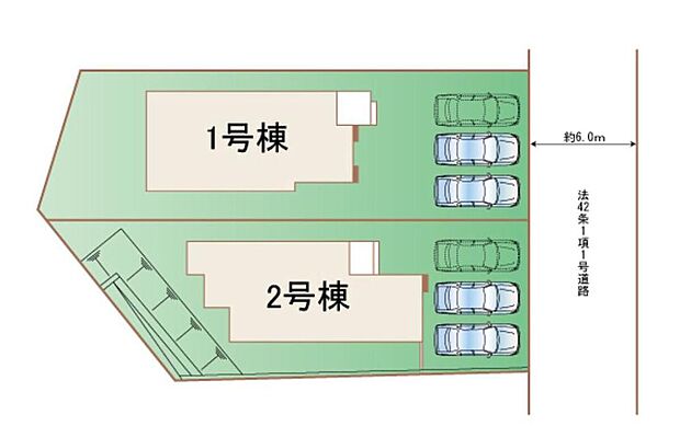 【全体区画図】全２棟　新築分譲住宅！
６m 公道に面します、明るく開放感溢れる街並みです♪