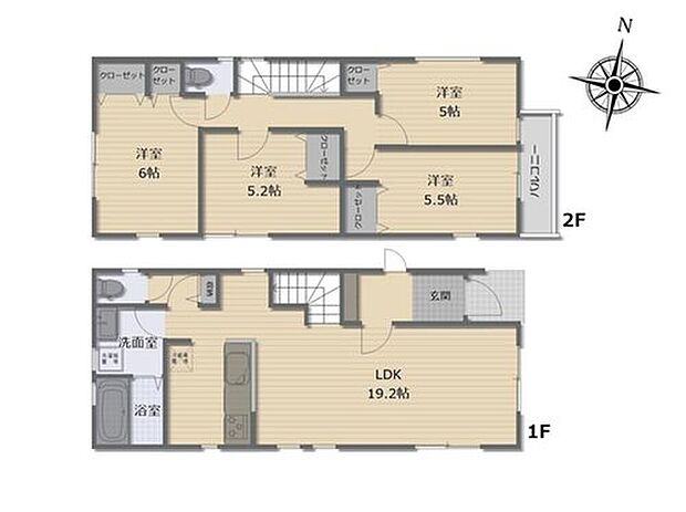 【4LDK】一体感のあるI字型LDKは、開放感溢れる１９帖超え！
水回り集中設計で家事導線がらくらく♪時短にも繋がります！
２階に４部屋まとめがプラン！家族団らん・プライベートどちらも大切にした間取♪