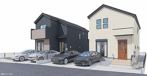 【完成予想図(外観)】■　全２棟　新築分譲住宅☆敷地４５坪超、ゆったり４LDKプランです♪　■
「まずは資料だけ」というお客様も大歓迎です！ページ右上オレンジ色のボタン【　資料請求（無料）　】をクリック♪