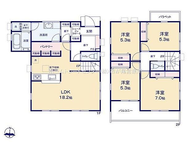 【4LDK】シューズインクローク&パントリー有☆LDKは広々18.2帖、人気の対面式キッチン&リビングイン階段!水回りを集約、機能的な家事動線♪全居室2面採光&収納完備!ワイドバルコニー☆