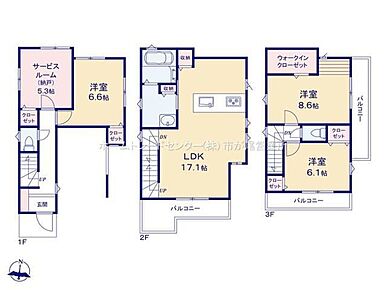 ビルトインガレージ付☆LDKは広々１７．１帖、人気の対面式キッチン採用！水回りを集約させた機能的な家事動線☆全居室に収納完備！ウォークインクローゼット付！２・３階にバルコニー設置☆ 