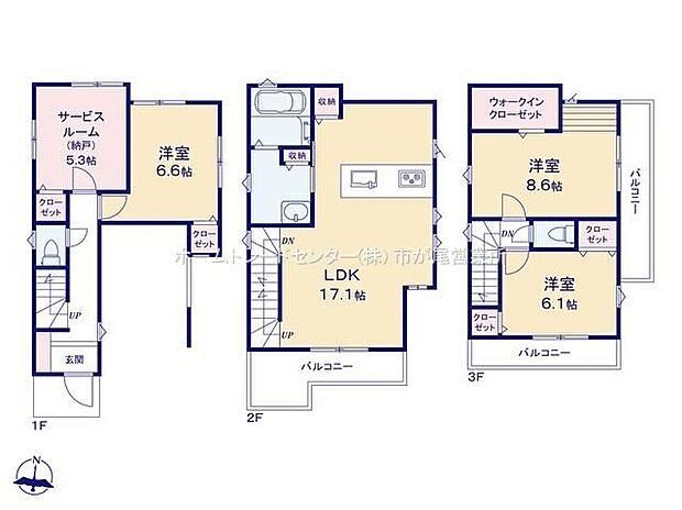 【3LDK+S】ビルトインガレージ付☆LDKは広々17.1帖、人気の対面式キッチン採用!水回りを集約させた機能的な家事動線☆全居室に収納完備!ウォークインクローゼット付!2・3階にバルコニー設置☆