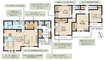 シューズインクローク＆ウォークインクローゼット有☆LDKは広々１７．７帖、人気の対面式キッチン採用！水回りを集約、機能的な家事動線♪全居室２面採光＆収納完備！南向きバルコニー２か所☆ 