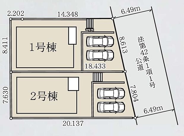 【全体区画図】前面の道路幅は6mを超える広さでゆとりがございますので、お車の駐車もスムーズです♪