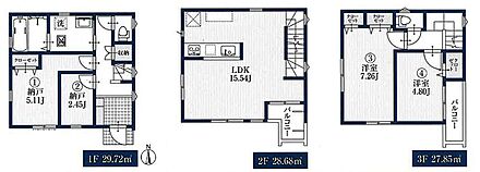 陽当たりが良く、人目も気にならない２階リビング☆LDKはゆとりの１５．５４帖、人気の対面式キッチン採用！主寝室は広々７．２６帖！全居室に収納完備しております☆２・３階にバルコニー設置♪ 