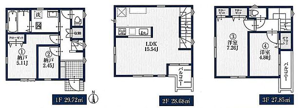 【2LDK+2S】陽当たりが良く、人目も気にならない２階リビング☆LDKはゆとりの１５．５４帖、人気の対面式キッチン採用！主寝室は広々７．２６帖！全居室に収納完備しております☆２・３階にバルコニー設置♪