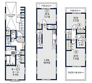 ビルトインガレージ付！
陽当たりが良く、人目も気にならない２階リビング☆
LDKはゆとりの１６．９４帖♪主寝室は広々７．２２帖！
全居室に収納完備しております☆
２・３階にバルコニー設置♪ 