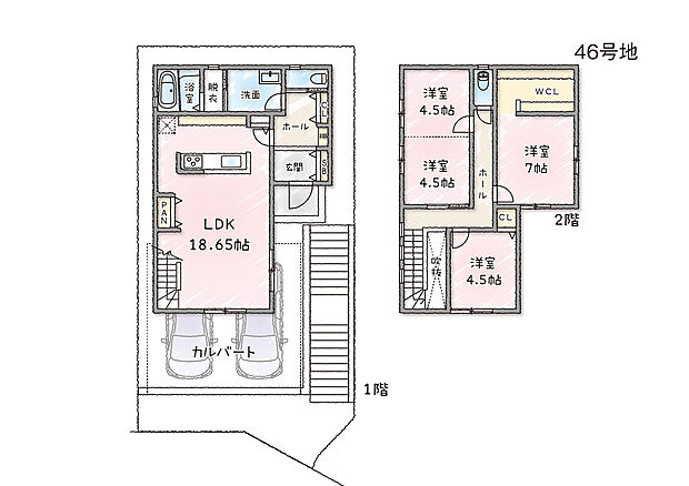 【46号地プラン参考】土地価格： 1772万8400円プラン建物価格： 2452万3000円プラン間取り： 4LDK土地面積： 127.42m2プラン建物面積： 106.81m2　※別途費用（標準外構工事費、水道負担金、建築確認費用、地盤改良工事費用、深基礎、ウッドショック、半導体等に伴う固定費、その他のオプション費用）
