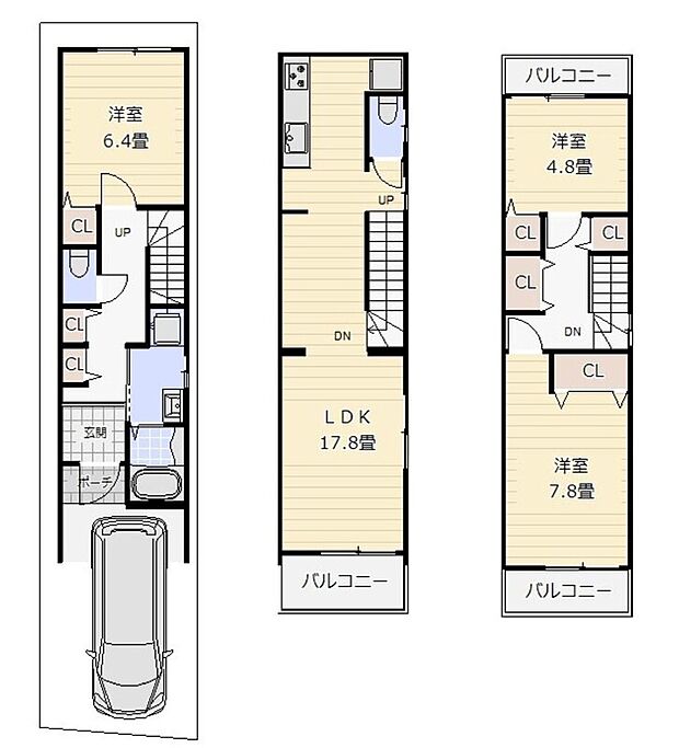 新築戸建て 3LDK 土地面積:58.72m2(公簿) 建物面積:93m2 北西向き