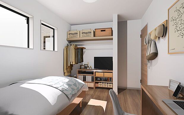 【洋室収納（イメージ画像）】居室にオープン収納を設け収納も魅せるインテリアのひとつに。こだわりの自分の部屋に仕上げられます。※イメージの為実際と異なる場合があります。