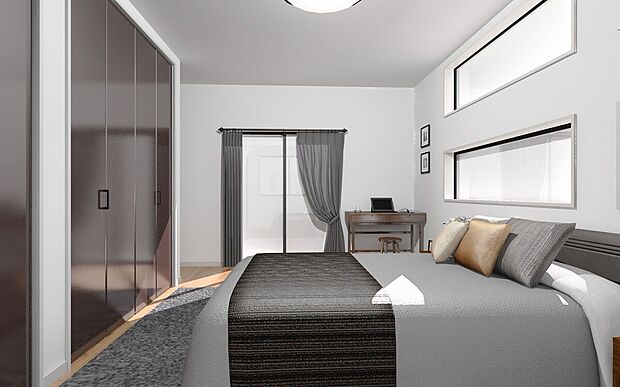 【主寝室（イメージ画像）】主寝室はバルコニーから光差し込む明るい部屋になります。扉付き収納でスッキリ魅せます♪※イメージの為実際と異なる場合があります。