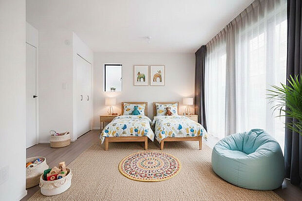 2ドア2クローゼットの1階寝室10.12帖は使い方いろいろ　お子様おふたり用の寝室として（家具や小物類はCG加工してあります）