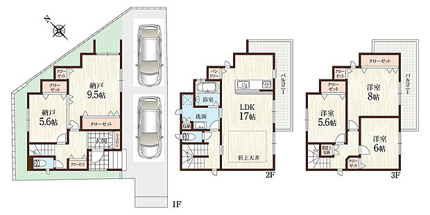 【間取図】ファミリーにもゆとりある3階建×3LDK＋2S+駐車スペース付き！2階LDKはL型バルコニーから風や光が注ぎ開放的です。1階2洋室は一体利用ができ、様々なライフシーンにフィットします。
