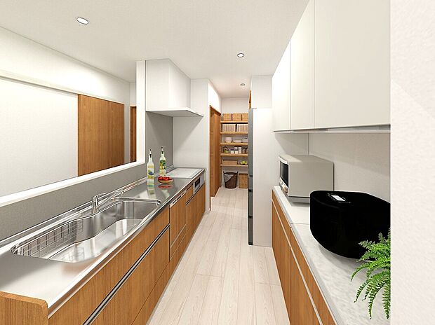 キッチンは家事動線に沿った配置で、家族とのコミュニケーションも取りやすいオープン設計。背面収納で見た目もすっきりと。(イメージパース)