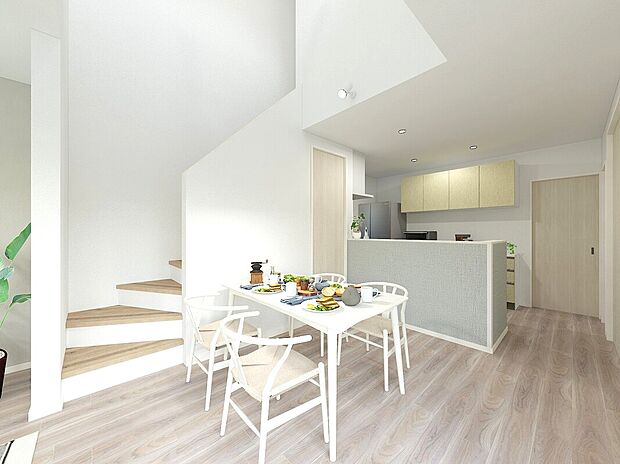 家族みんなが集まるリビングダイニングは挨拶がしやすい・顔を合わせやすいリビング内階段を採用。(イメージパース)