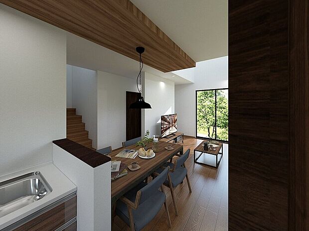 【【イメージパース】】2号地◇リビングにある1枚の壁はTVを置くスペースとして以外にも、洗面室・浴室の水回りスペースへの視線を切る為にも機能します。