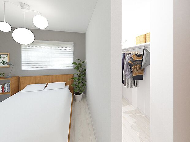 【【イメージパース】】主寝室を清潔にすっきりとお使いいただくために、大容量のWICを設置。家族でお使いいただいても余裕の収納量です。