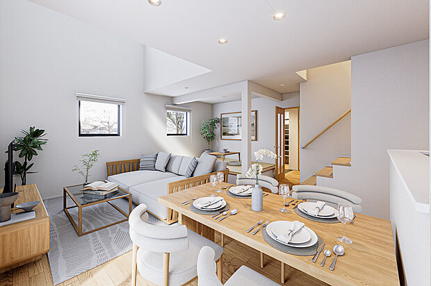 【【イメージパース】】リビングに階段を設置することで間取りを広くとることができ、家具を置いてもゆとりのある空間になります。