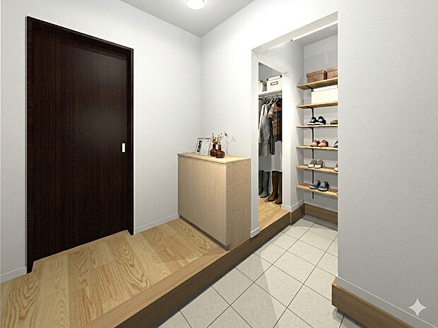 【【イメージパース】】外で使うものを室内に持ち込まずに収納できる、使い勝手の良いSCL。※AI生成によるイメージパースにつき、実際とは異なります。