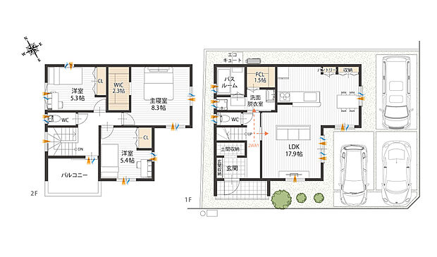 【間取図/A号地モデルハウス】土間収納やFCL、WIC、パントリーなど収納豊富！2階は各洋室に入らずホールから出入りができ、プライベートも充実！車3台利用も可能な駐車スペースでアウトドアも楽しめます。