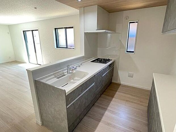 【キッチン（同一仕様）】レンジフード・コンロ・食器洗浄機・シンク・収納が一体となったキッチンです！