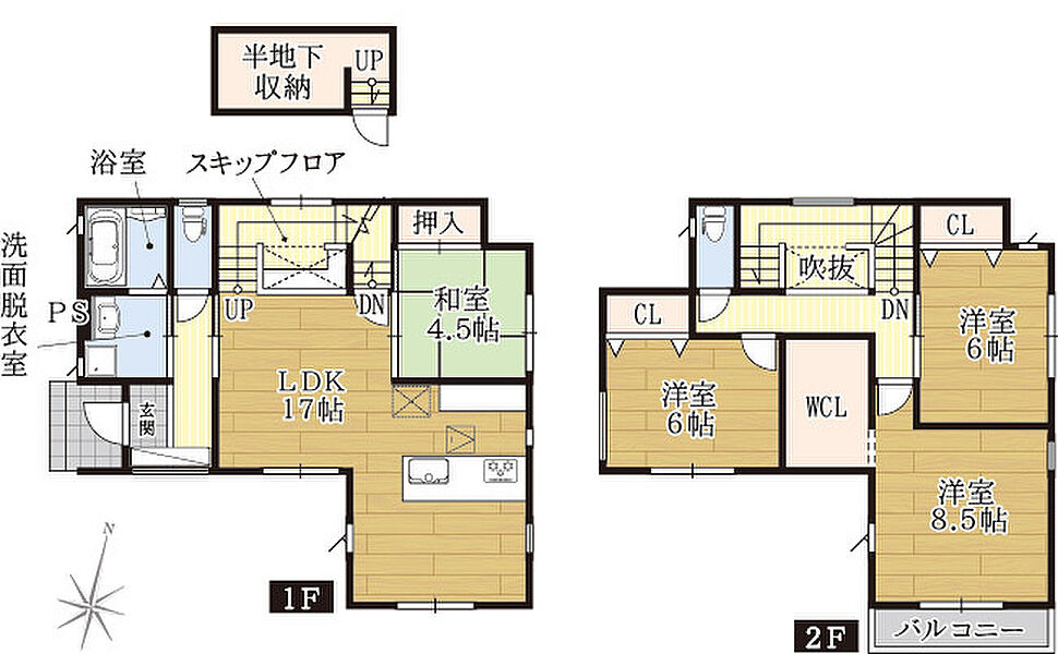 和室付きの4LDK。LDK17帖、和室4.5帖、2階の各居室は6帖以上。主寝室は広々8.5帖とウォークインクローゼット付き。