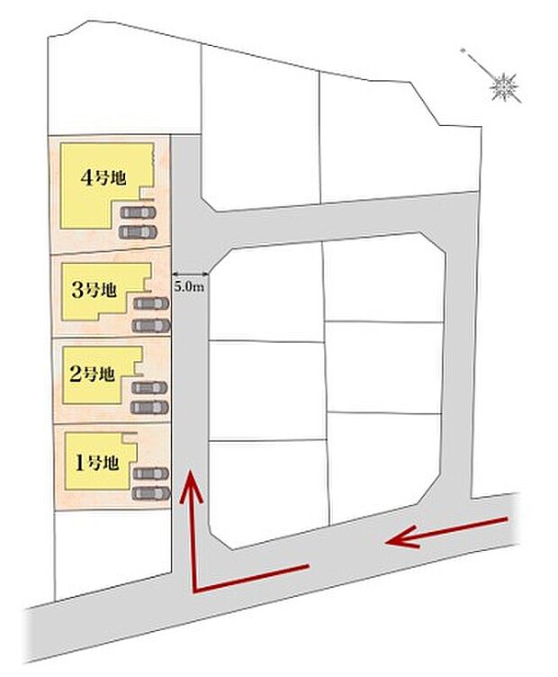 全邸、52.0坪超えのゆとりのある区画です♪分譲地内は車の出入りが比較的少ないため、小さなお子様がいるご家庭も安心して生活できます。