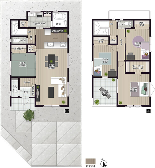 <1号地:3380万円>玄関が広々と。洗面脱衣室兼ランドリールームとして収納も設置。
