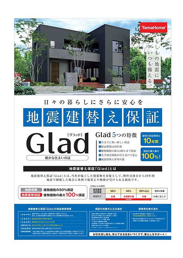 日々の暮らしにさらに安心を
地震建替保証
当社が施工した建築物を対象として、物件引渡日から10年間地震で倒壊した場合に無償で建替えや修繕が受けられる制度です。