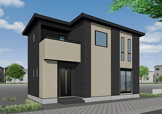 (2号棟)完成予想図
ダークカラーを基調にしたシックでお洒落な外観デザインです。全体を通して、隣棟間隔が取れるようにプランニングしているので、風通しと日当たりを確保できます。