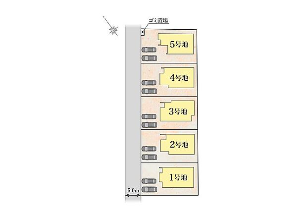 【区画図】
全邸、60坪超えのゆとりのある区画にカースペースは並列2台駐車可！注文住宅仕様のプラン設計＆採光・風通しをしっかり確保した明るい住まいです。