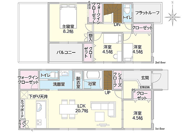 【2号地/広々LDKのある家】
LDKは広々20.7帖♪隣り合う洋室と合わせると、25.2帖の大空間に。お客様来訪時にも安心のプライバシー空間に配慮した分離型の洗面脱衣室をプランニング。